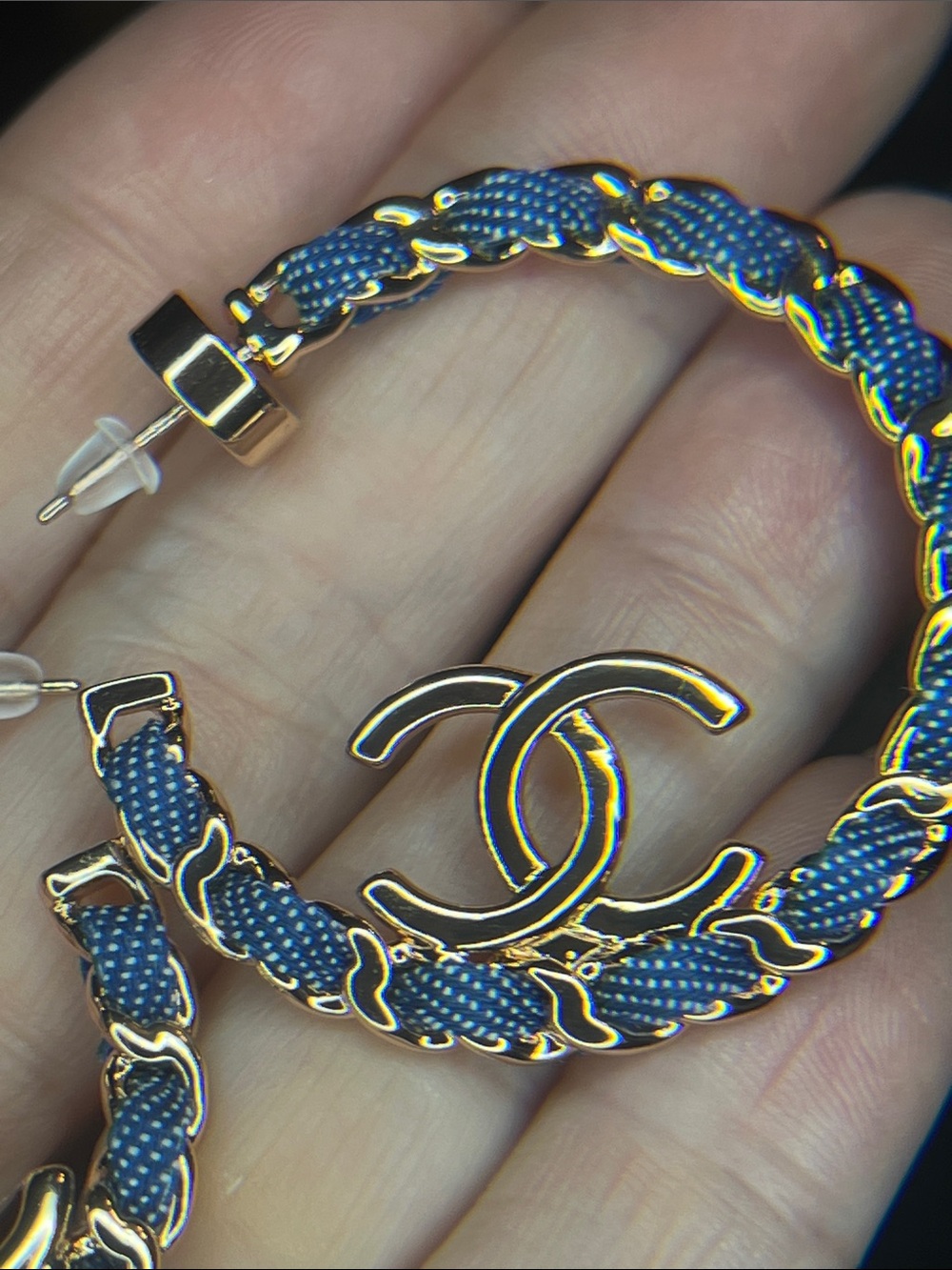 Designer-Inspired Blue and Gold Interlocking-Logo Hoop Earrings - Picture 5 of 7